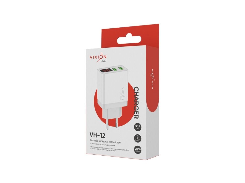 СЗУ Vixion VH-12 3.1A для USB, с дисплеем, PRO белый
