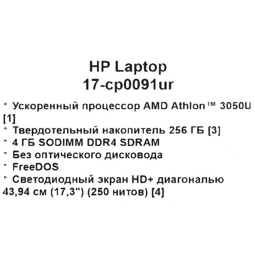 Ноутбук 17,3" HP 17-cp0091ur Athlon Silver 3050U/4Gb/SSD256Gb/HD+/DOS