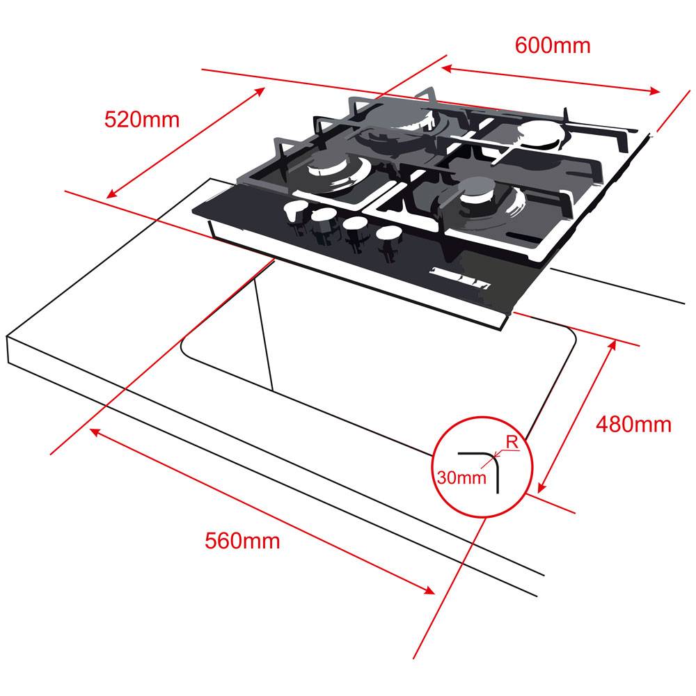 Размеры газовой панели для кухни 4 конфорки