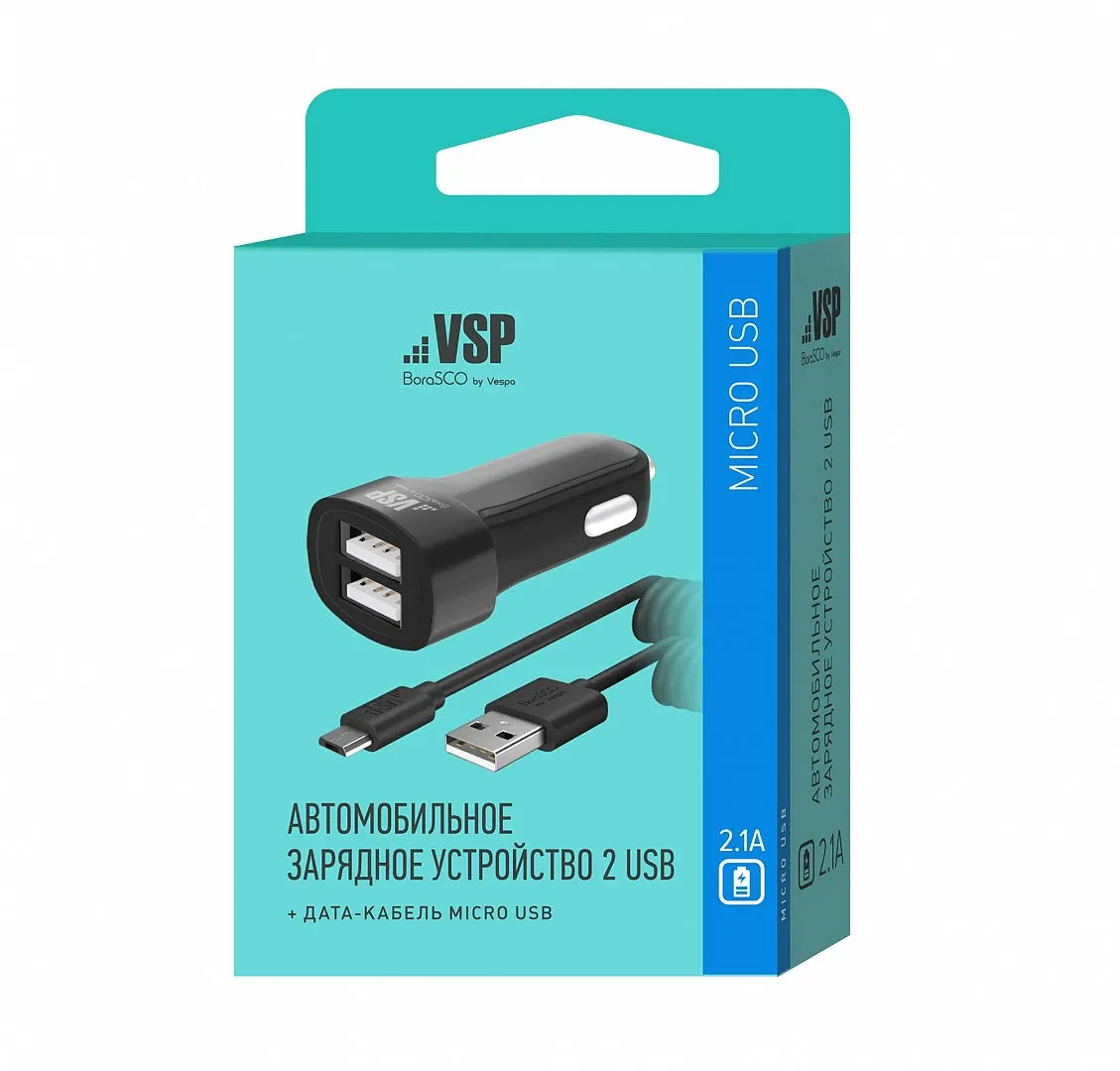 АЗУ VSP 2USB, 2,4A + дата-кабель micro USB, 2А черный купить в интернет  магазине, цена 350 руб в ЭЛЕКС